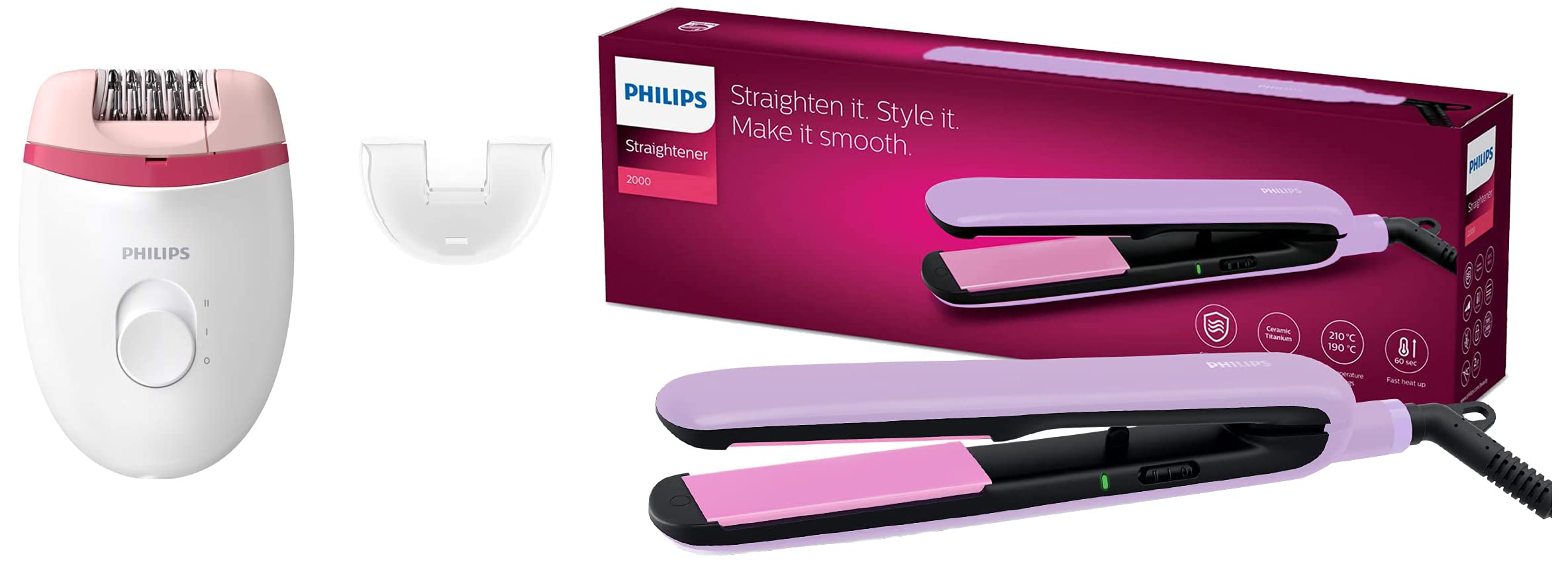 Philips BRE235/00 Corded Compact Epilator (White and Pink) for gentle hair removal at home & BHS393/40 Straightener with SilkProtect Technology. Straighten, curl, suitable for all hair types, Lavender (B0BHHZPMTD) Amazon Price History, Amazon Price Tracker