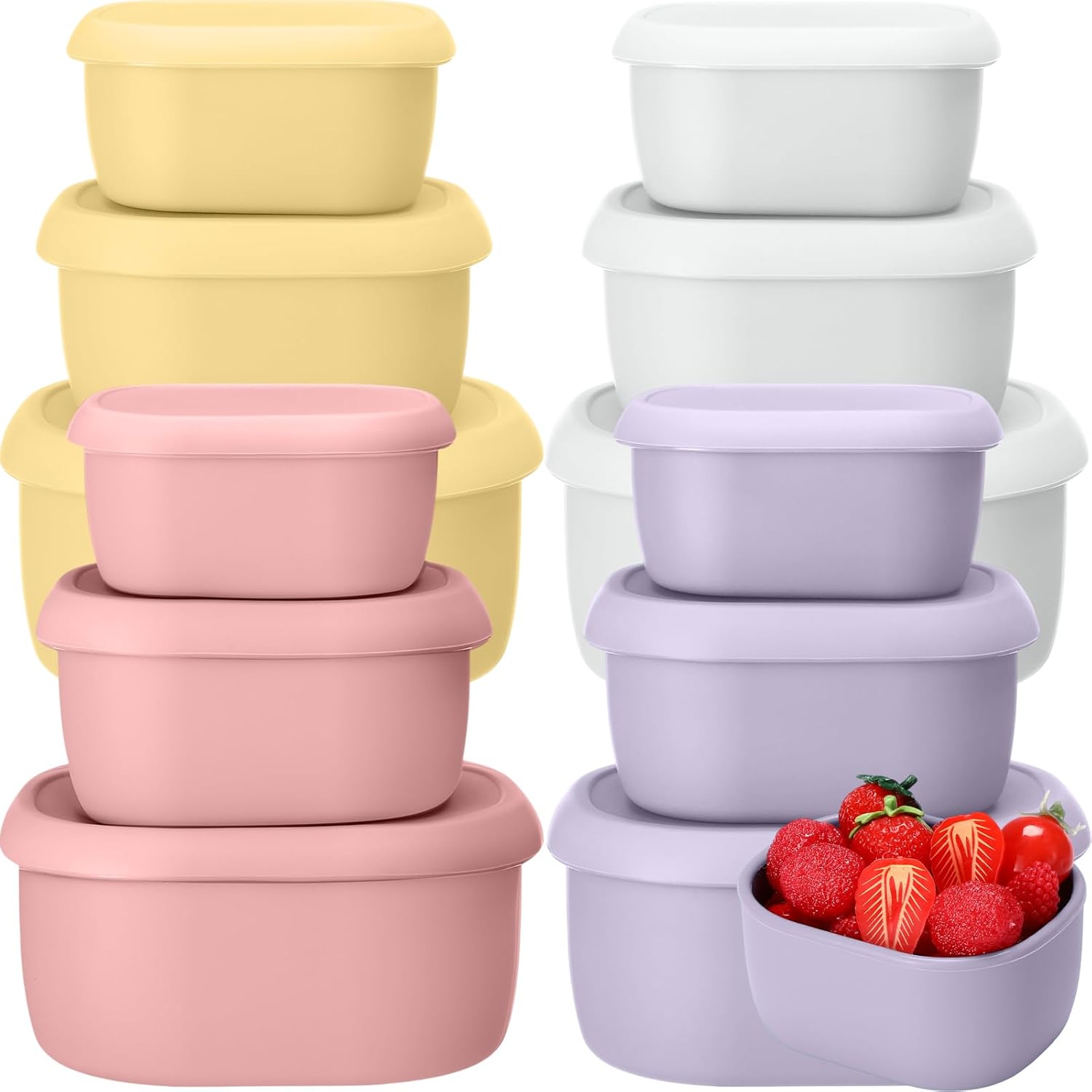 12 Pcs Silicone Food Storage Containers with Lids Reusable Silicone Snack Container 3 Size Lunch Box Bento with Lids Freezer Dishwasher Safe,6.7oz, 10oz, 20oz (Macaroon Color)