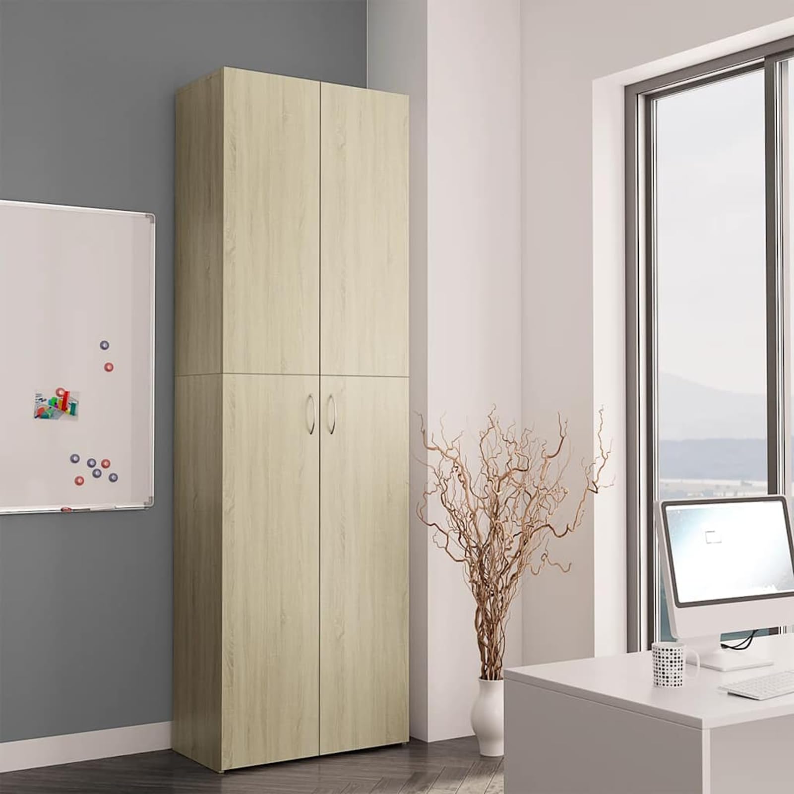 Gecheer Büroschrank, Holzwerkstoff Schrank mit 5 Regalen und 2 Türen, 60x32x190 cm, Sonoma-Eiche, für Büroorganisation und Aktenaufbewahrung
