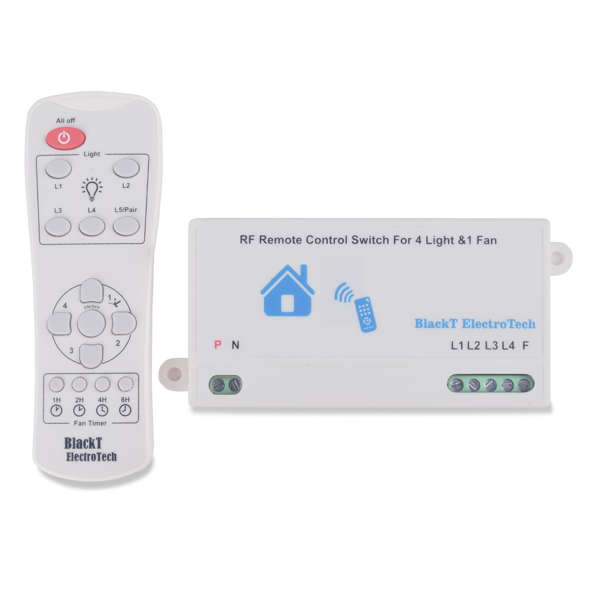 Blackt Electrotech Update Wireless Remote Control Switch System for 4 Lights and 1 Fan Speed Regulation Long Range (RF Remote) 230 V, White