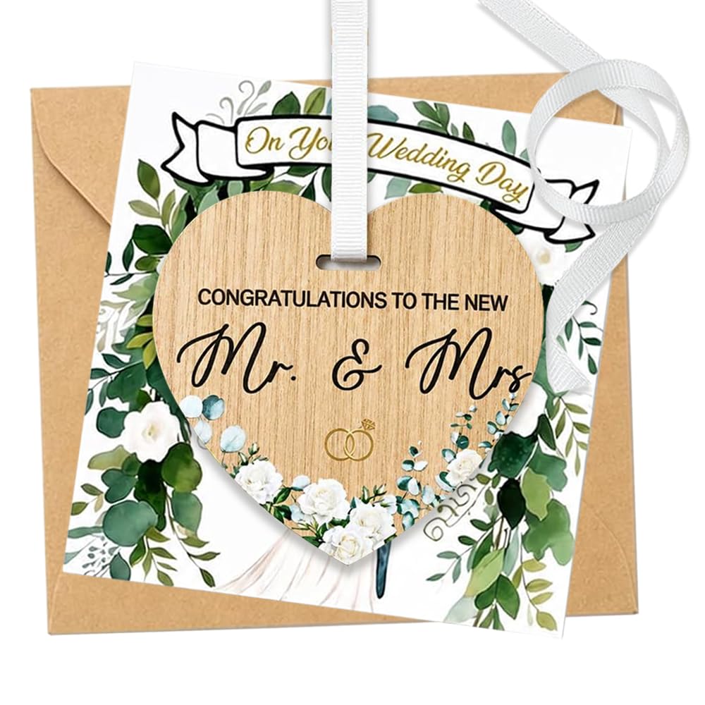 Wedding Card with Wooden Heart Plaque Envelope and Ribbon