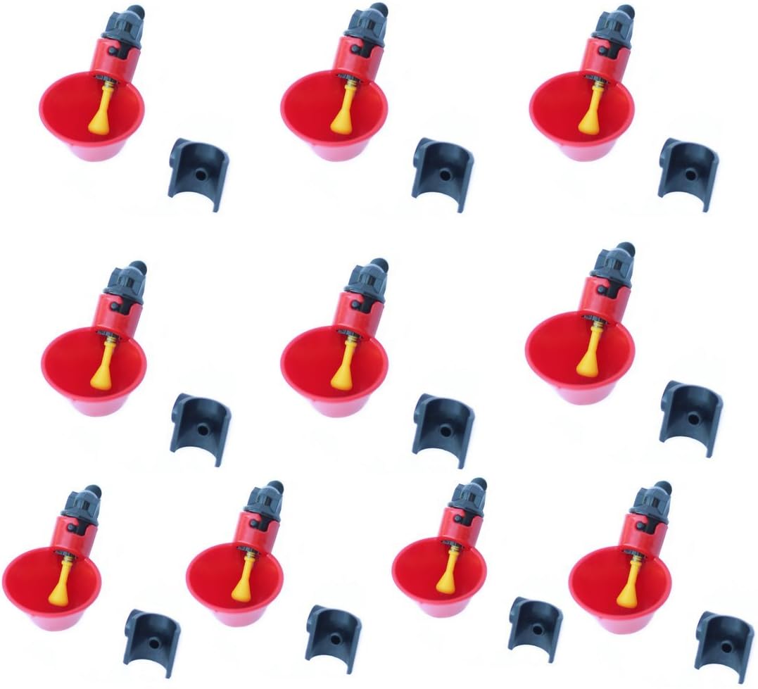 Versatile 10 Pack Red Chicken Water Cups with 1/2 inch PVC Mounting Hardware Poultry Waterer from Quail to Ducks …