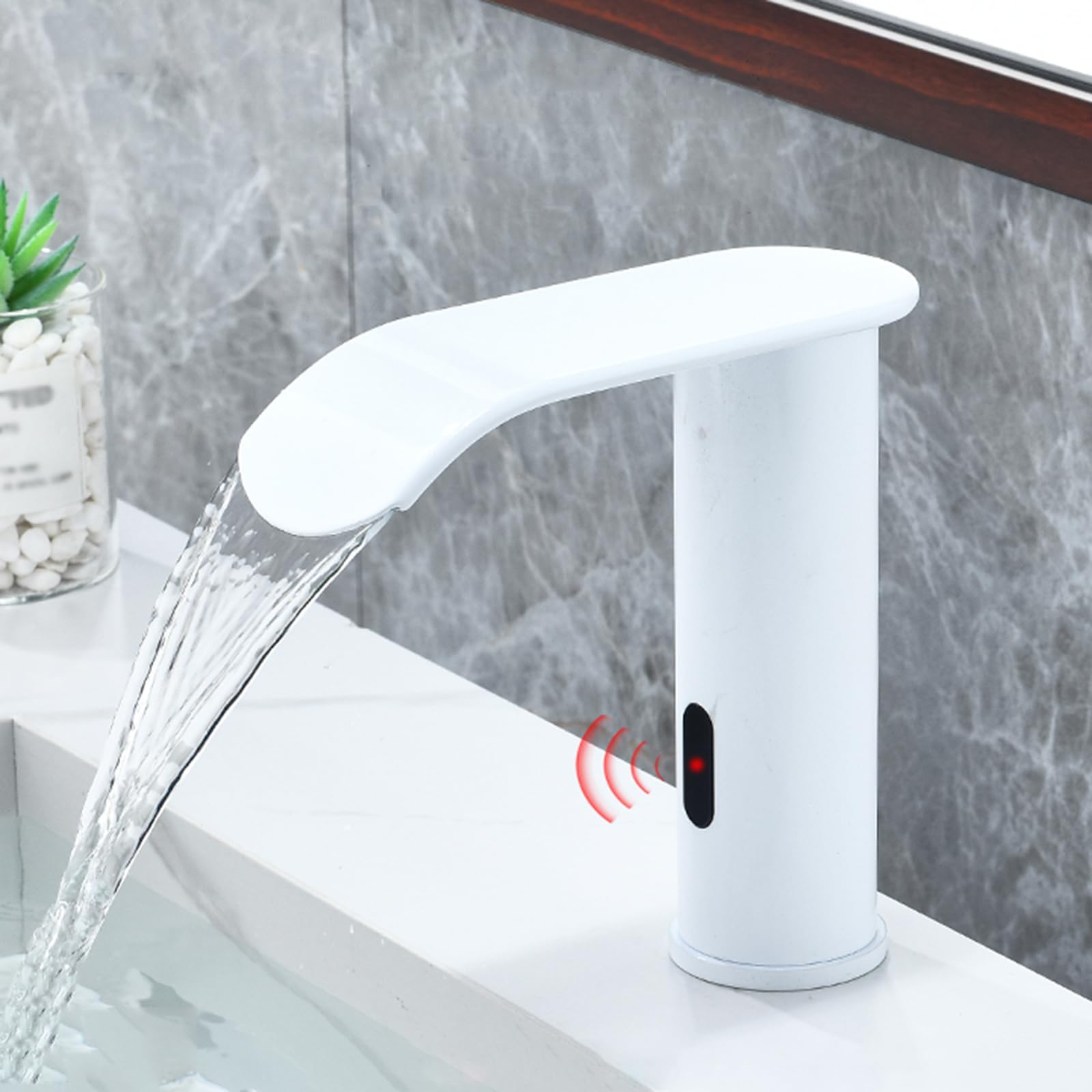 XJTNLB Sensor Wasserhahn Warm Kalt Wasserfall aus Edelstahl Infrarot mit Sensor, Weiß