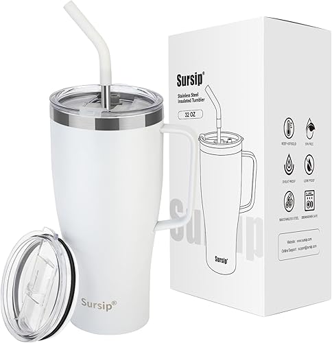 Sursip Vaso aislado de 32 onzas con asa y tapa con pajilla, taza de acero inoxidable al vacío, mantiene las bebidas fríascalientes, apto para