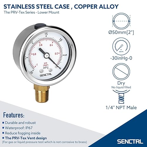 Miniatura 46 de SENCTRL Medidor de presión sin plomo de 100 psi, dial de 2 pulgadas, montaje inferior 1/4 NPT, impermeable, caja de acero inoxidable, para tanque