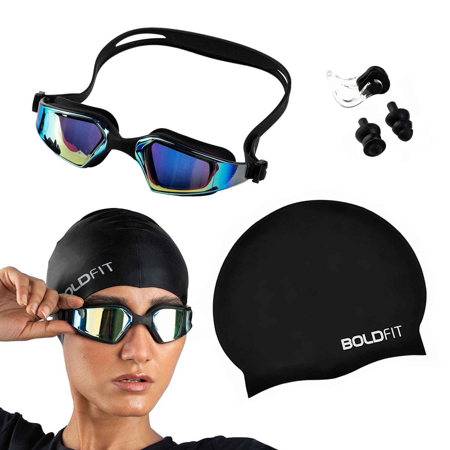 Boldfit Swimming Cap Goggles with Ear & Nose Plug Set for Men Unisex Swimming Cap & Goggles for Women Combo Silicone Swim Headcap for Women with Anti Fog Adjustable Goggle Strap for Training Set Black-image-39