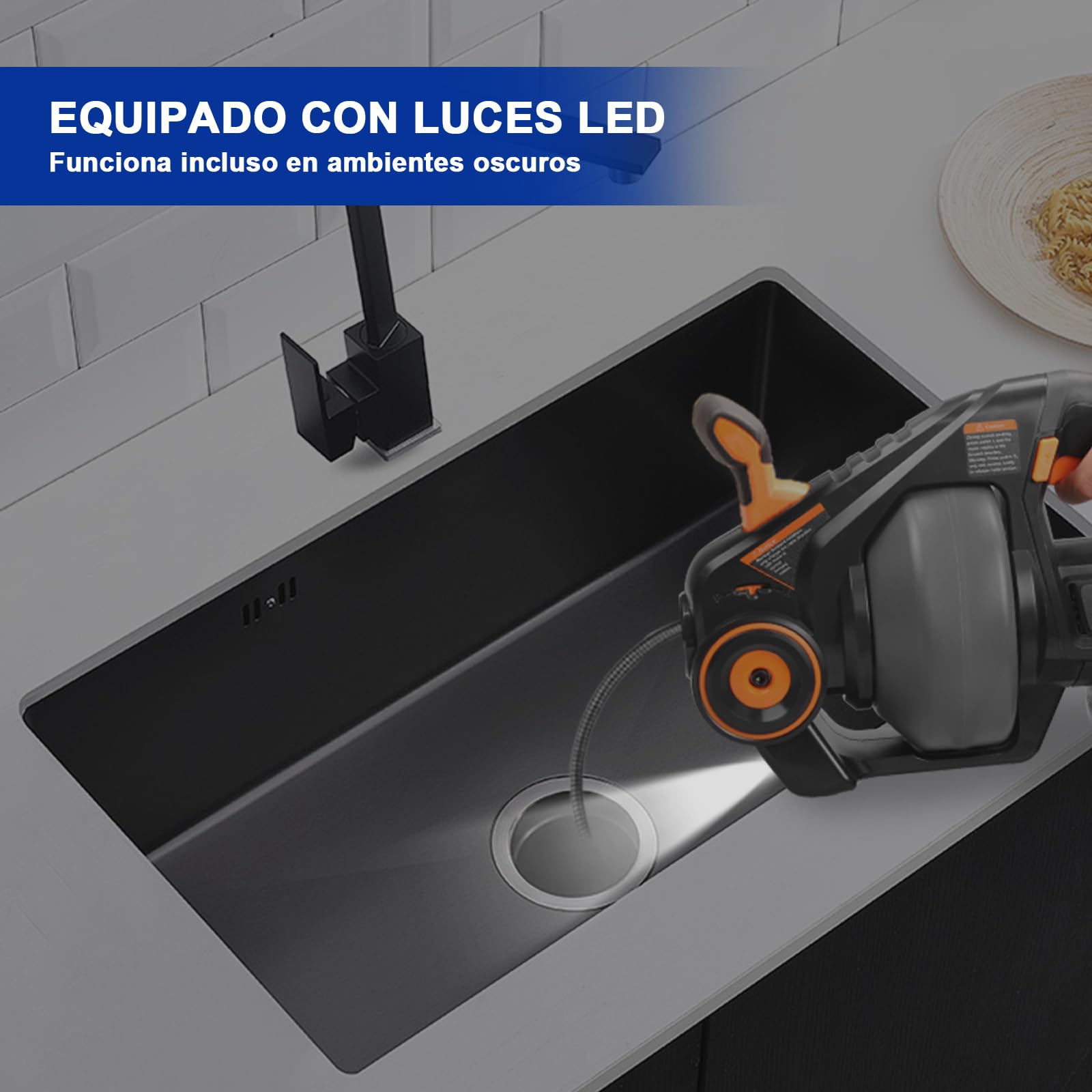 Limpiador de tuberías de 18V con espiral de limpieza de 7,6m para tuberías de 18-65 mm, Limpiadores de tuberías de batería para baños, cocinas, baños