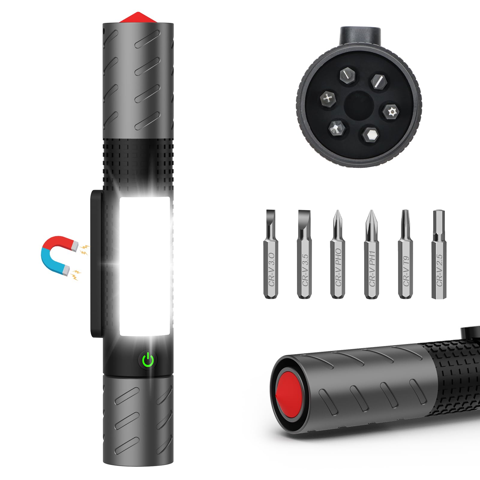 Linterna recargable de alta luminosidad 2025, linternas LED magnéticas superbrillantes con juego de destornilladores, interruptor de cristal de ventana, luz de flash COB, 7 modos, zoom, impermeable