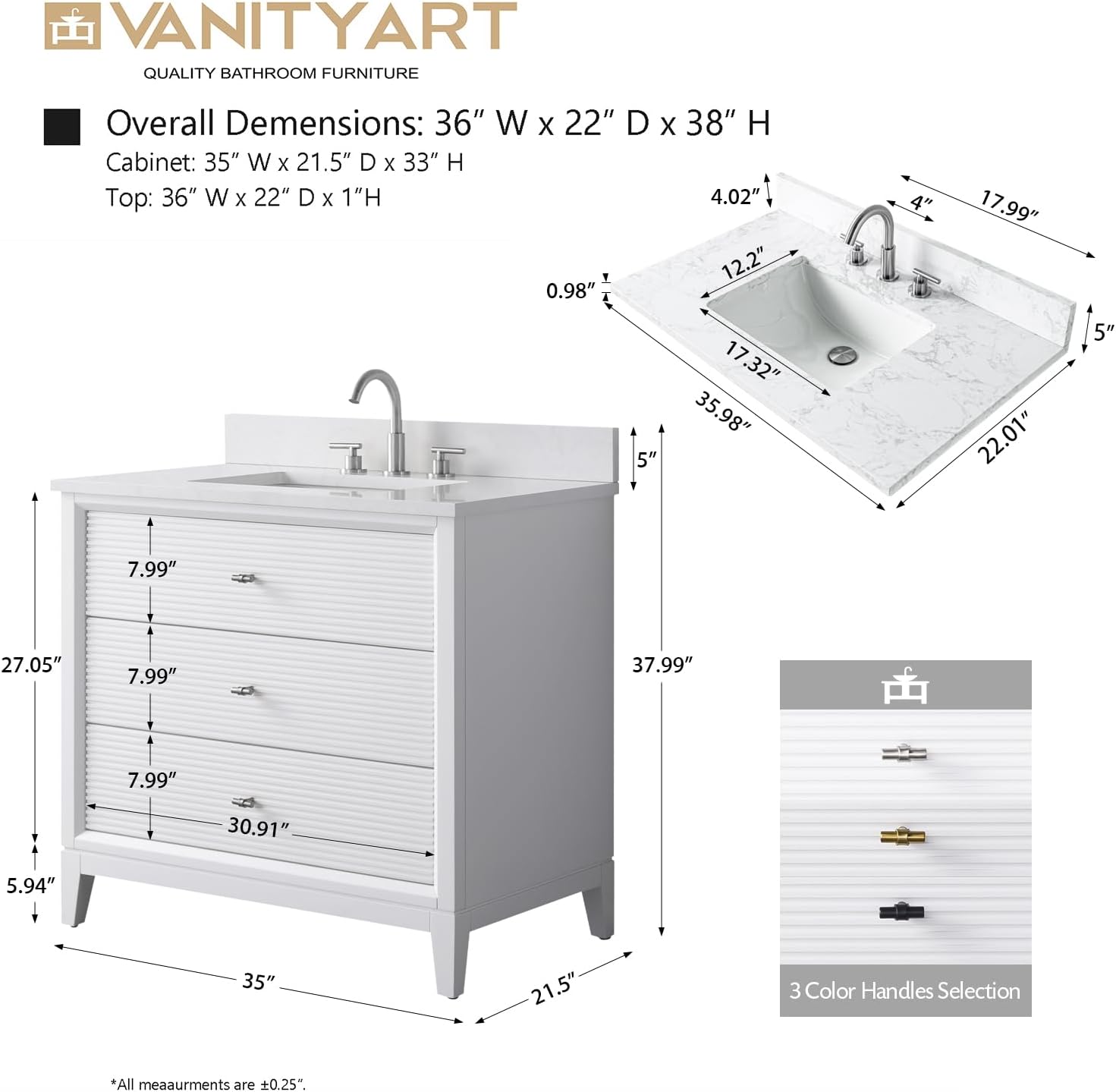 Vanity Art 36" Bathroom Vanity with Single Sink & Arabescato White Engineered Stone Top, Vanity Cabinet with Soft Closing Door, Solid Wood Frame, Matte Black Handles, White VA8136-W-MB
