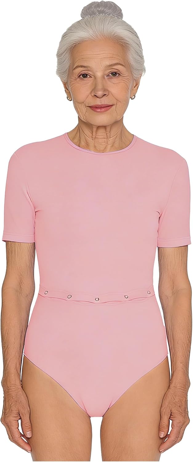 Yhong Women's Special Needs Adaptive Clothing Short Sleeve Adaptive Bodysuit with Feeding Tube Access