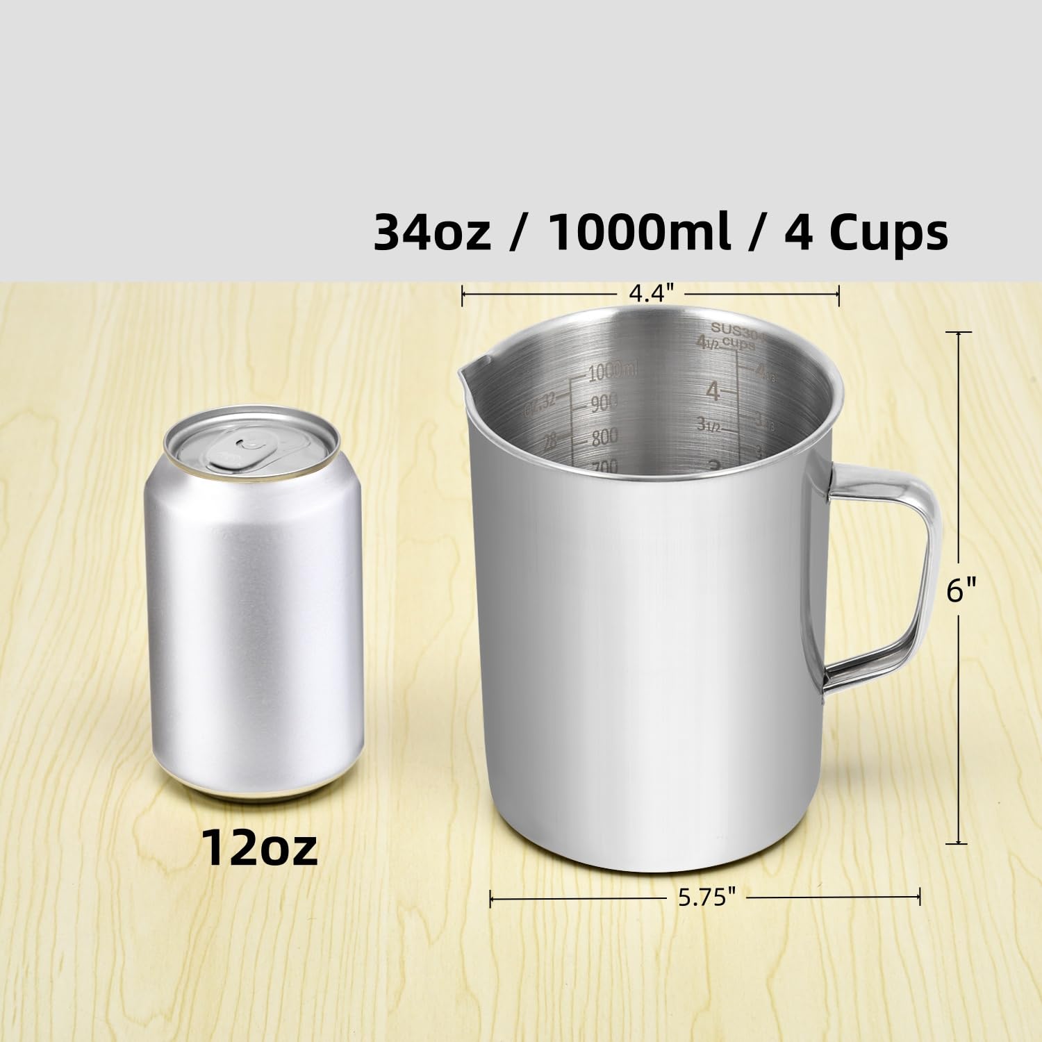 Kichwit Taza medidora de acero inoxidable, taza medidora grande de metal con asa, 1000 ml, 4 tazas