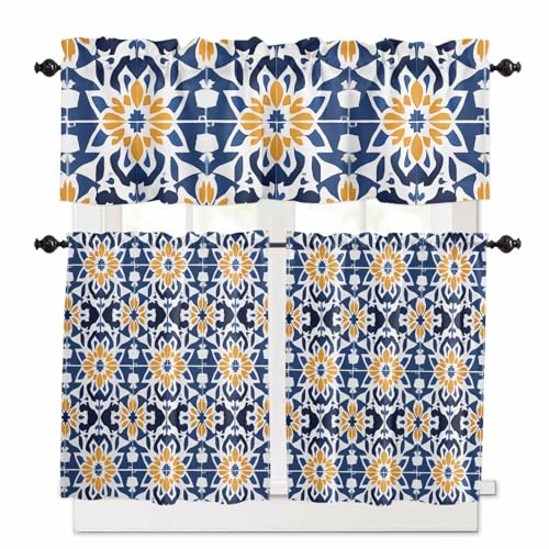 Blue Morocco Kitchen Curtains 36 Inch Length, 3 Piece Rod Pocket Small Half Tiers and Valance Set, Boho Geometric Antique Oriental Pattern Small Large Window Treatment Decor for Bedroom/Bathroom Sink