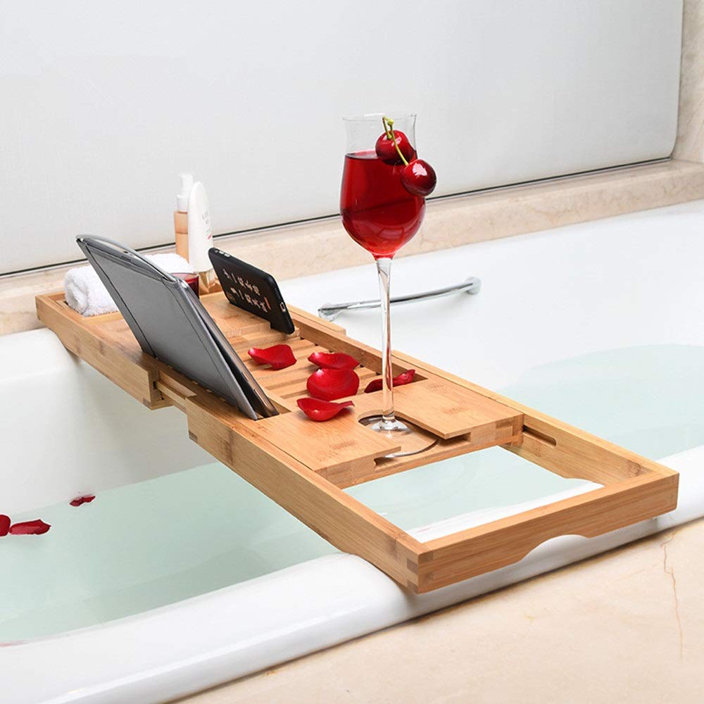 Bandeja para Bañera Estante para Bañera Bandeja para Bañera De Bambú con Lados Extensibles Soporte para Tableta para Libros Incorporado Soporte para Copa De Vino Bandeja para Bañera/Marrón,