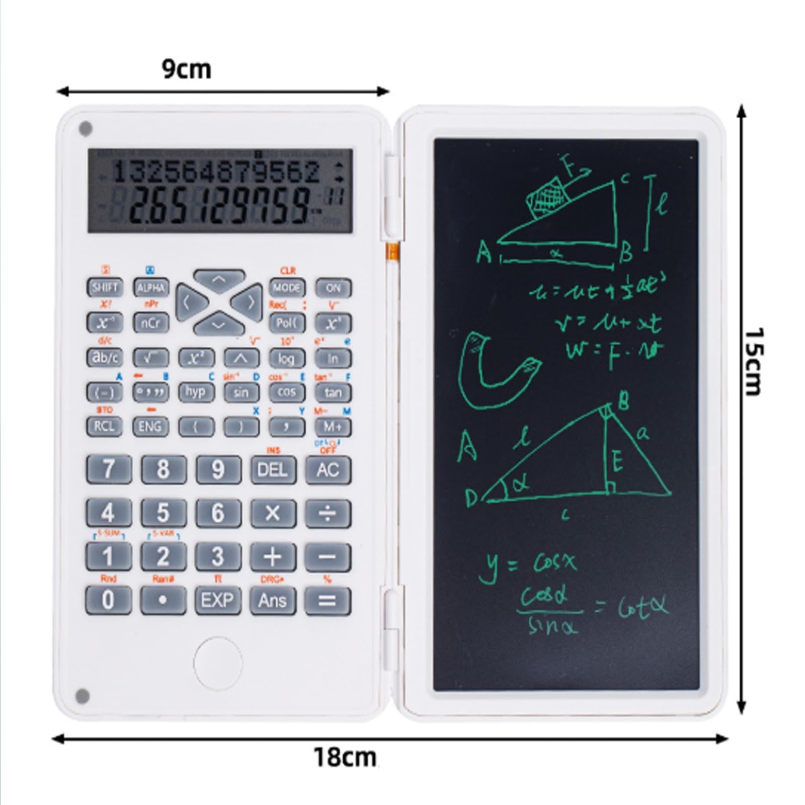 Calculatrice Scientifique 240 Fonctions avec Tableau d'Ecriture Effaçable Écran LCD à 12 Chiffres Calculette Simple 18×15cm，pour Bureau École，Noir，Blanc(White)