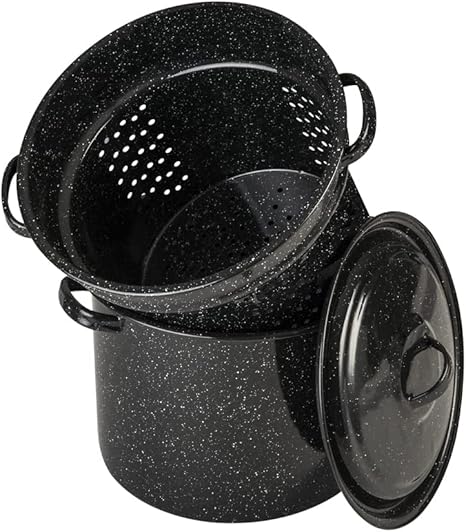 Granite Ware 7.5 Qt 3 Piece Multiuse Pasta Pot Set, Strainer Pot with lid. (Speckled Black) Seafood, Soups, Sauce, Large Capacity. Easy to Clean. Dishwasher Safe.