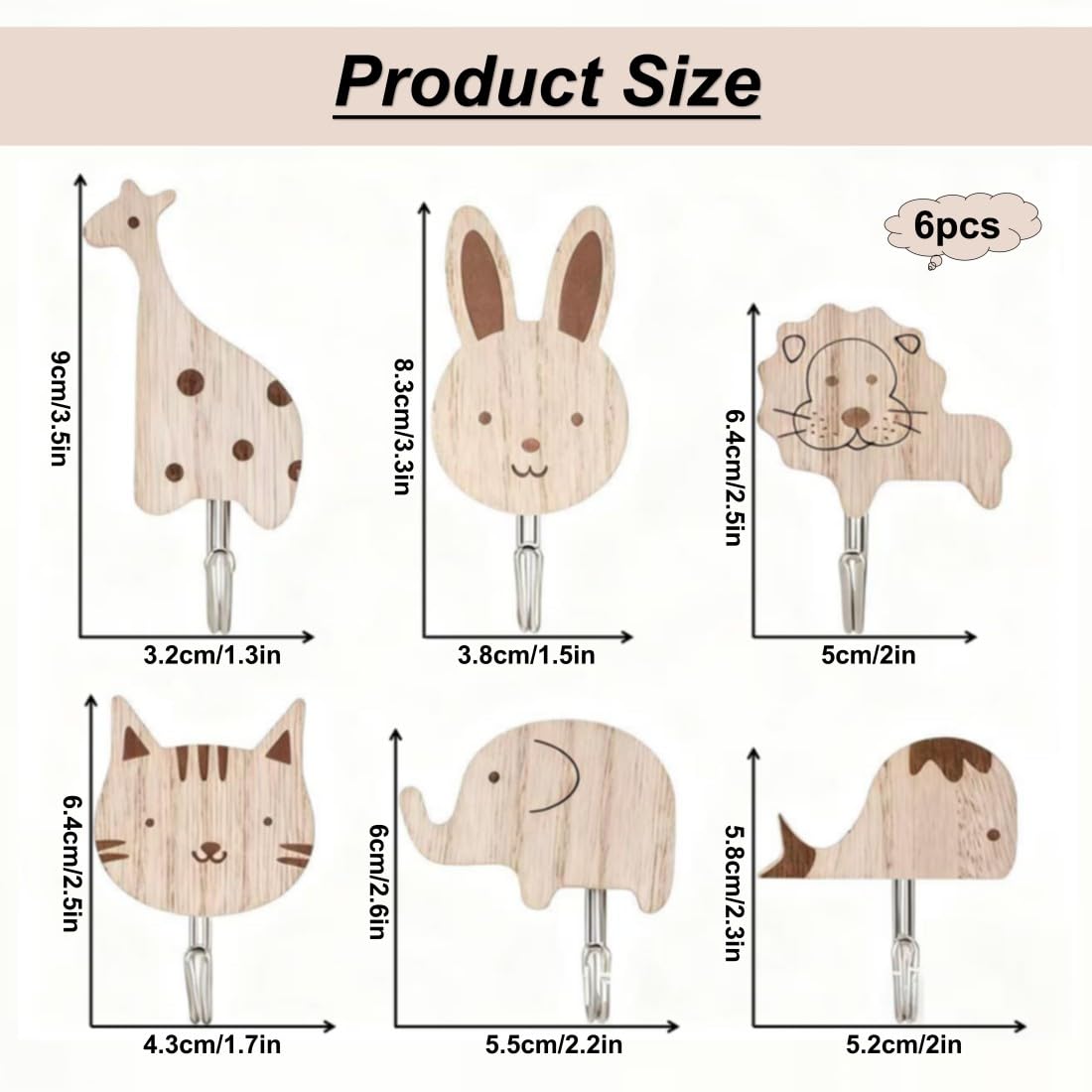 Appendiabiti Bambini da Parete Ganci Autoadesivi in Legno Animali Carini 6 Pezzi