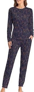 Womens 2 Piece PJs Set Casual Round Neck Top with Long Pants Funny Print Sleepwear Sets Comfy Sleep Loungewear Gift for Women