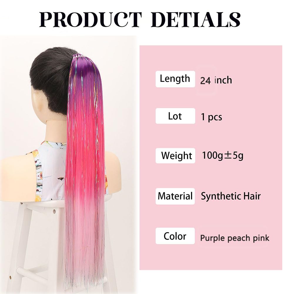 Rainbow Ponytail Extensions With Hair Tie 100g/Pack Coloured Hair Extensions for Braiding 24 inch Glitter Tinsel Hair Extension for Women Girl Kids Festival Party(Purple peach pink) - Image 2