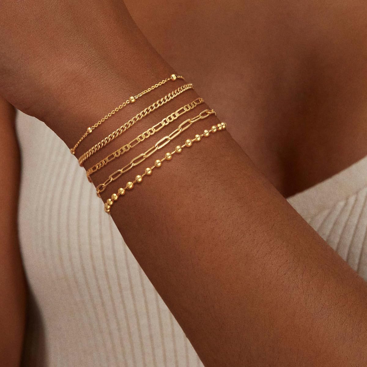 Bracelets for Women, Waterproof 14K Gold/Silver Plated Stackable Bracelets for Women Non Tarnish Trendy Dainty Paperclip Figaro Box Herringbone Hand Chain Bracelet Pack Stack Adjustable Jewelry for Women - Image 2