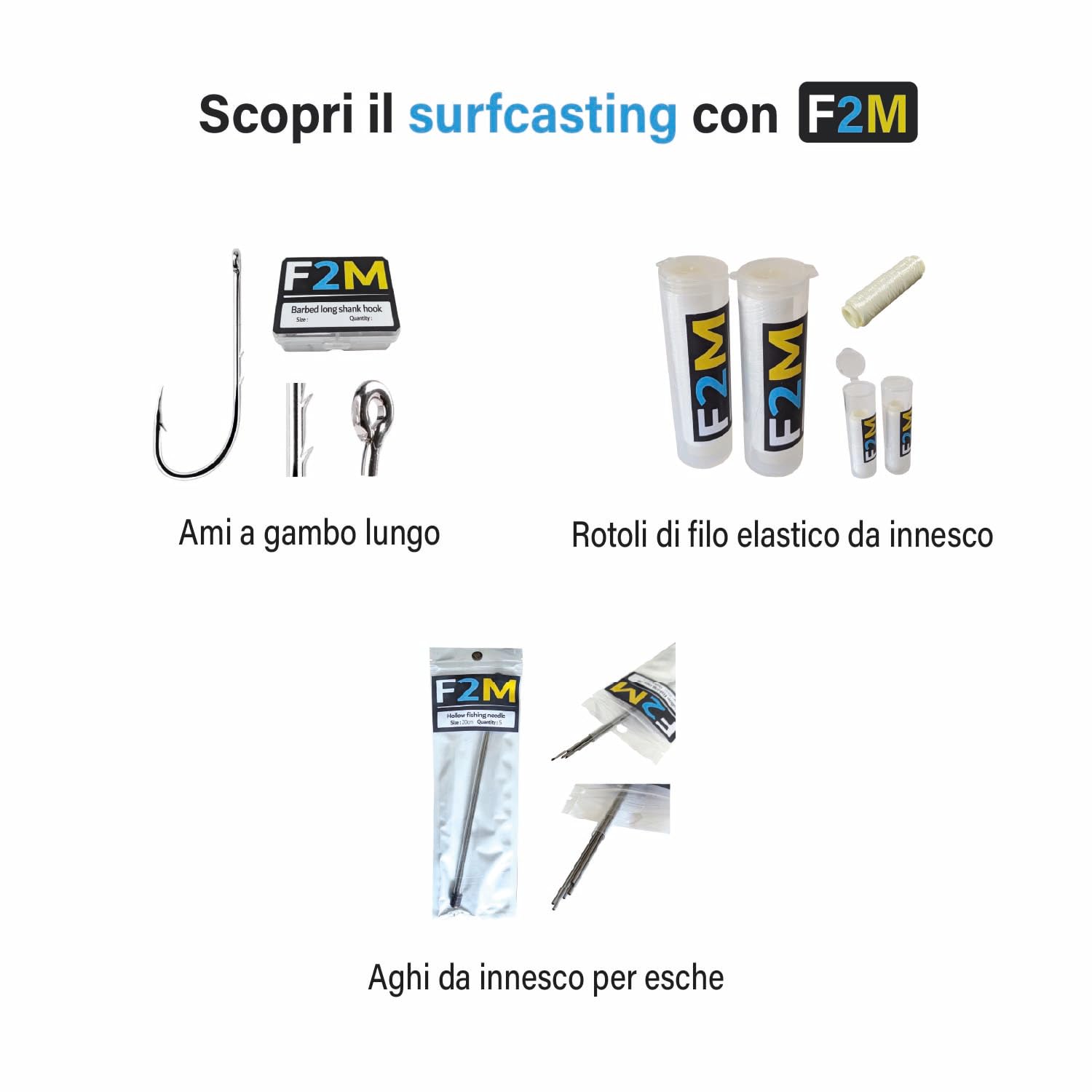 F2M - Scatola di 5 aghi da pesca cavi per escher verso sardine crostacei molluschi - confezioni di aghi da locher + rulli filo da legatura - Lotti aghi + legatura esche - Pesca mare acqua dolce