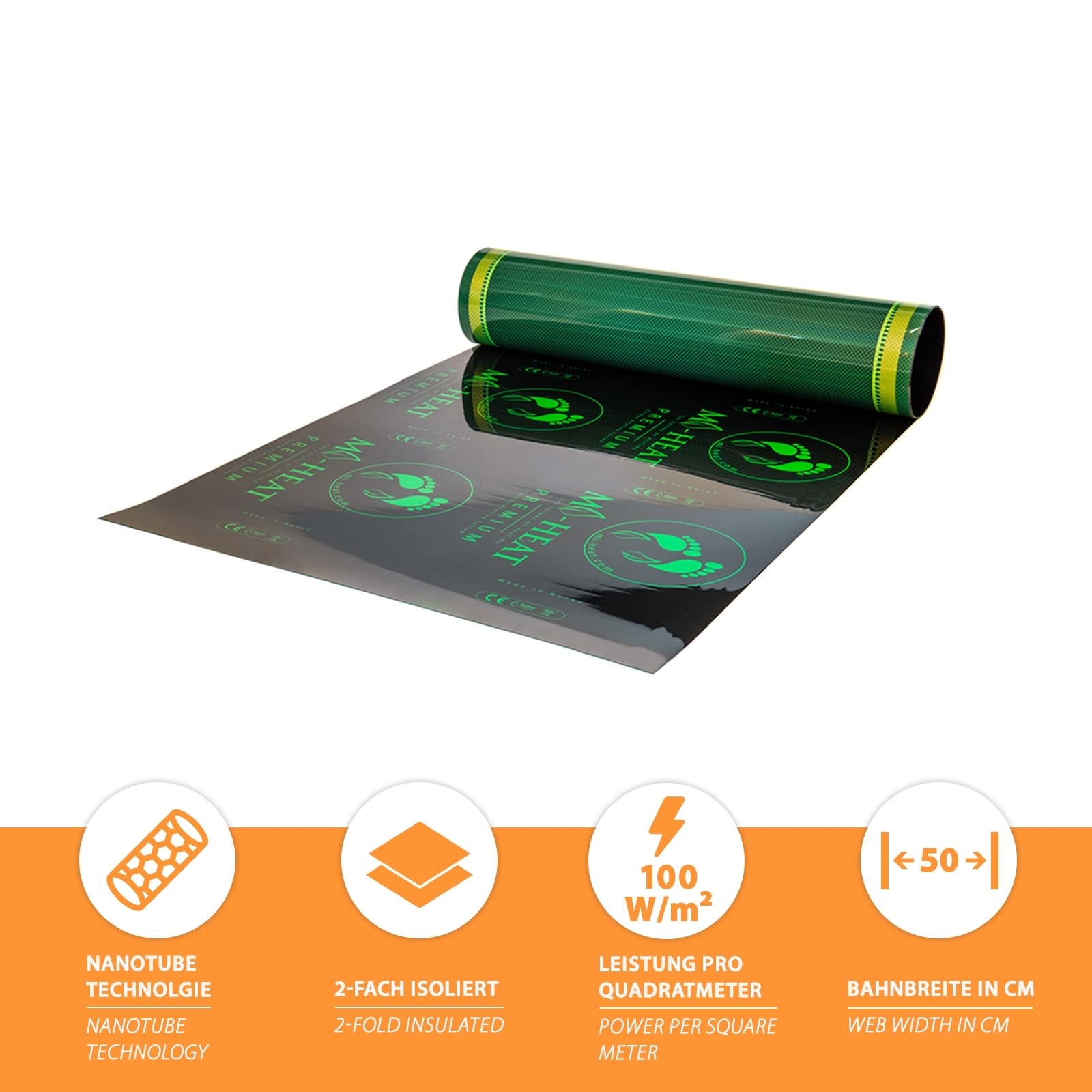 Pellicola riscaldante Mi-Heat Premium da 3,0 m, 100 Watt/m², larghezza 50 cm, confezionata – Riscaldamento elettrico a pavimento per vinile laminato parquet sughero