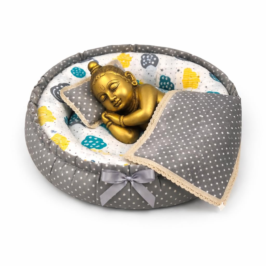 Laddu Gopal Ji Soft Circular Bisster Set | Krishna Ji Bed Set | Kanha ji Comfortable Bedding Set | (Random Colour & Design) (Size-5)-picture-23