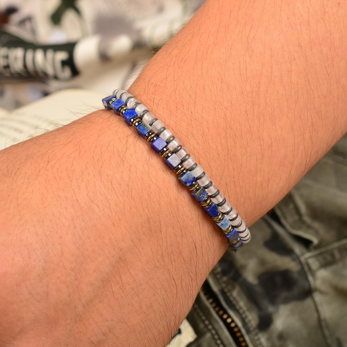 Lumina Path Men's Beaded Bracelet, White Quartz & Hematite, Adjustable Stainless Steel Dual Clasps, Thickened Wear-resistant Handmade Minimalist Jewelry, Daily Wear Gift for Men & Friends