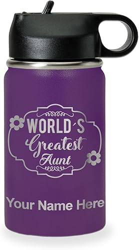 Miniatura 43 de LaserGram Botella de agua personalizada, la tía más grande del mundo, acero inoxidable de doble pared aislada al vacío con popote superior, regalo