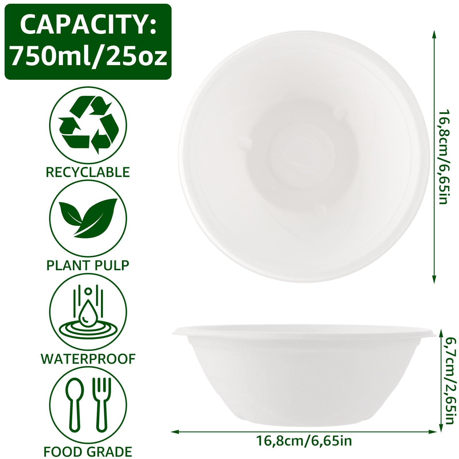 100 Bols Jetables 750 ml, Bols à Soupe en Bagasse de Canne à Sucre, Compostables et Résistants (100 pièces), Pour Fêtes, Pique-nique, Usage Alimentaire, Blanc