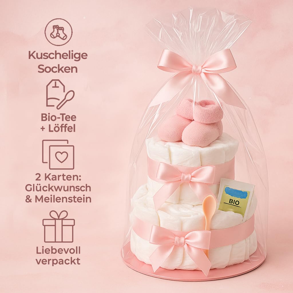 Torta di pannolini da bambina a 2 piani in rosa con calzini, regalo per nascita per mamma, battesimo o baby shower, idea regalo con pannolini neonati, biglietto di auguri incluso