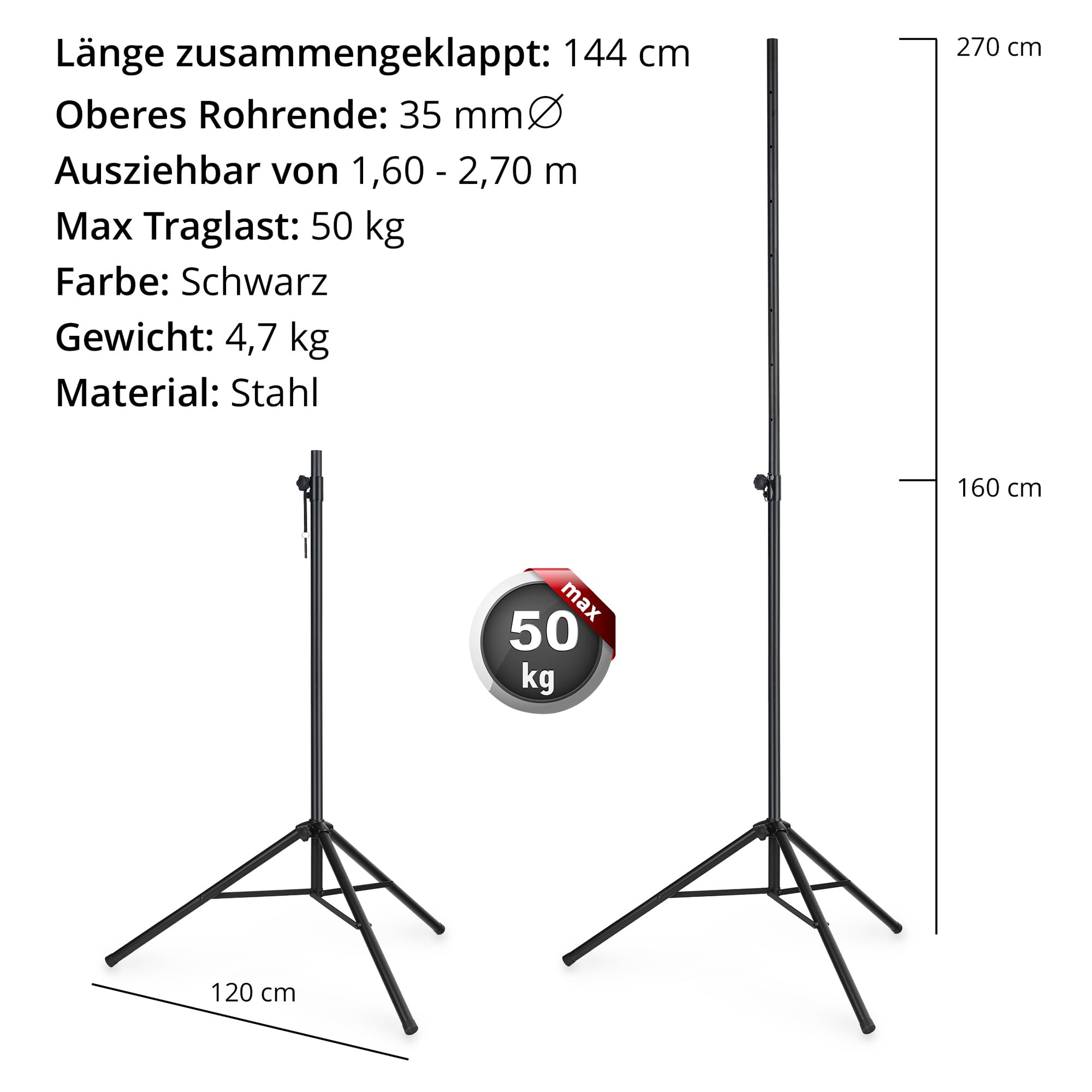 Showlite LS-270S MKII statyw świetlny, stalowy, czarny, z regulacją wysokości 1,60-2,70 m, nośność 50 kg, składany do rury 144 cm, rura 35 mm, nadaje się do boksu i trawersu, profesjonalny statyw na