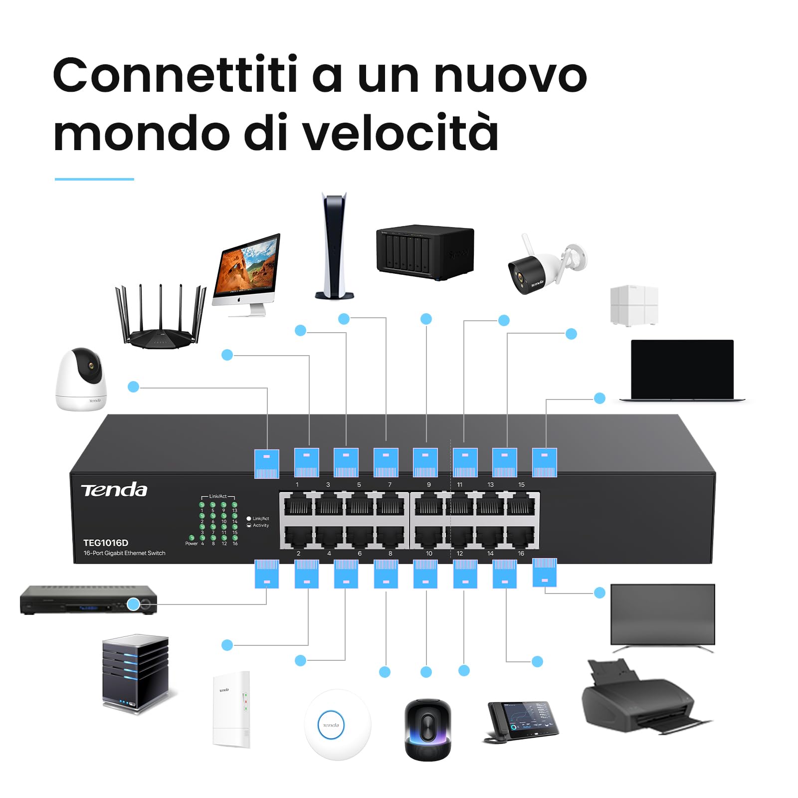 TTenda Switch Ethernet Gigabit 16 Porte, VLAN, Desktop o Rack, Metallo