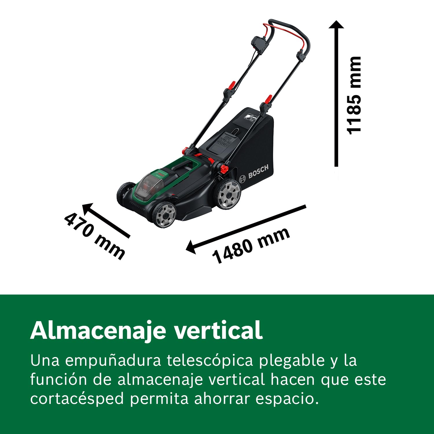 Bosch cortacésped a batería ROTAK18V2-43 | Ancho de corte 43 cm, altura de corte 30-75 mm, cesto 40 l, tapón para triturado, incl. 2 baterías 18V y cargador