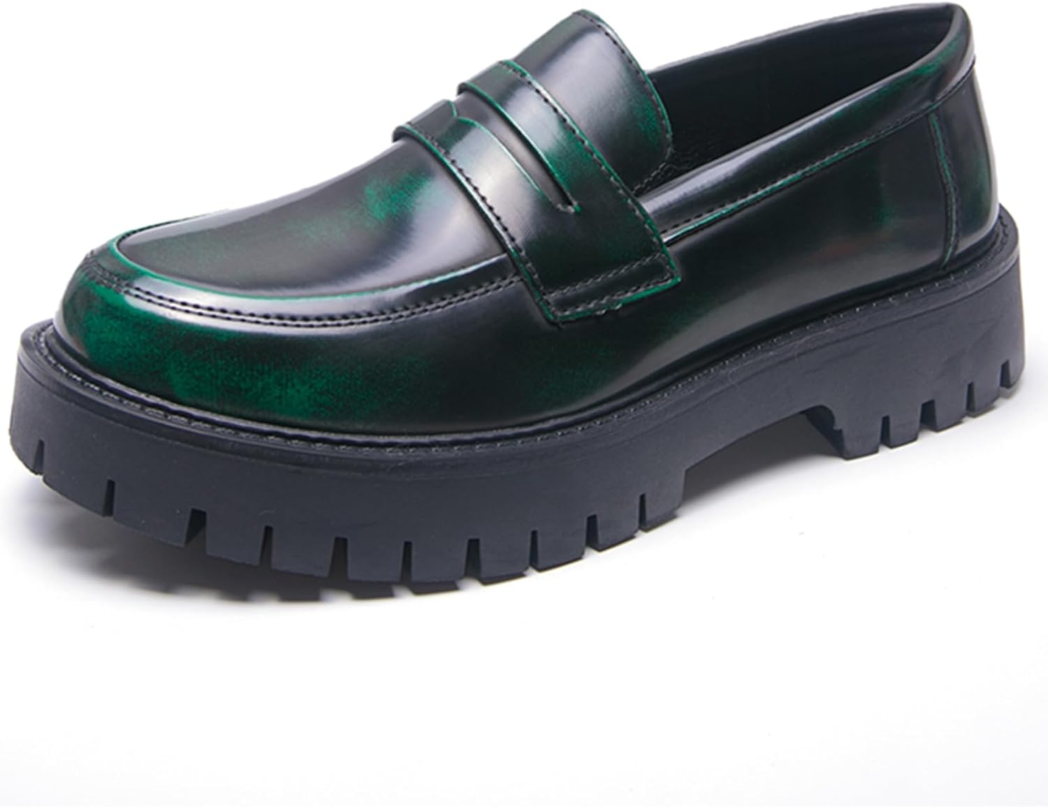 Men's Leather Platform Penny Loafers, Retro Round-Toe Lug Sole Non-Slip Slip-On Dress Shoes, Suitable for Business Work and Parties