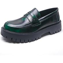 Men's Leather Platform Penny Loafers, Retro Round-Toe Lug Sole Non-Slip Slip-On Dress Shoes, Suitable for Business Work and Parties