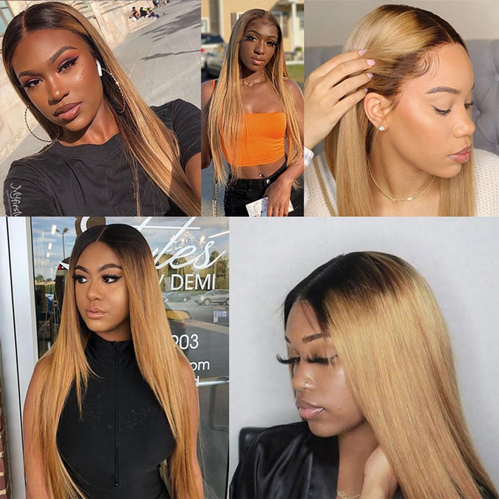 Straight Human Hair Wig 4X4 Lace Menschliches Haar Perücke Damen Echthaar Glueless Wear and Go Pre Plucked with Baby Hair Low Shedding Ombre Blonde 1b427 for Women 18 Inch