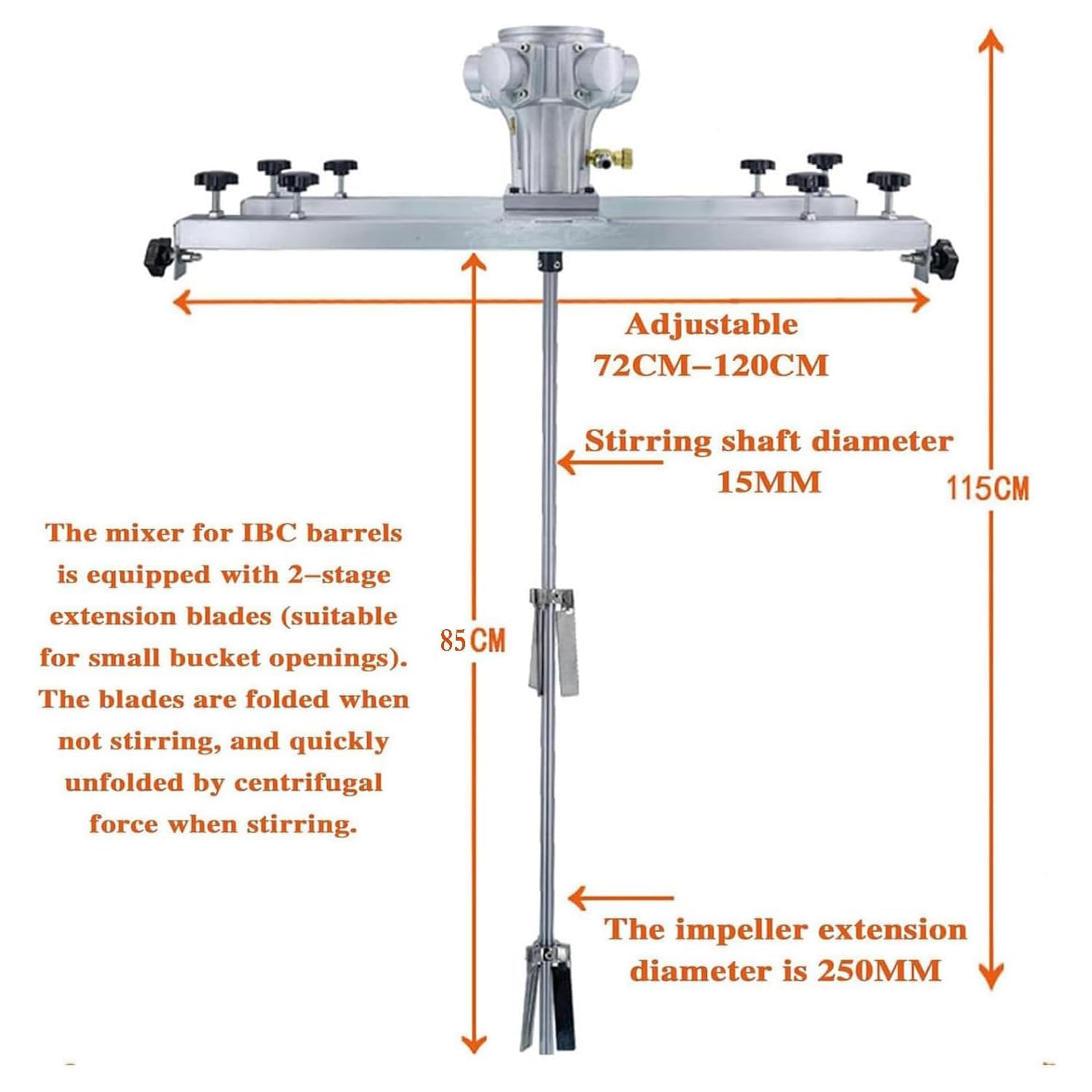 Agitatore Pneumatico Da 3/4 Di Cavallo Con Tavola Orizzontale Regolabile Da 65 A 125 Cm, Agitatore Per Secchio Da 0 A 2600 Giri/min, Diametro Della Girante 250 Mm, Per Miscelare Soluzioni A Media