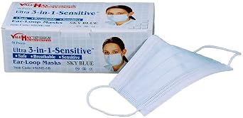 5630E-SB Ultra-3-In-1 Sensitive Disposable Earloop Face Masks, Cellulose Inner Layer, High Filtration, Sky Blue, Box of 50