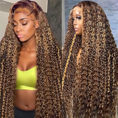 VNFM 30 Inch Highlight Ombre Deep Wave Lace Front Wig Human Hair Honey Blonde 13x6 HD Lace Frontal Wigs 200 Density 4/27 Curly Wigs Human Hair for Women