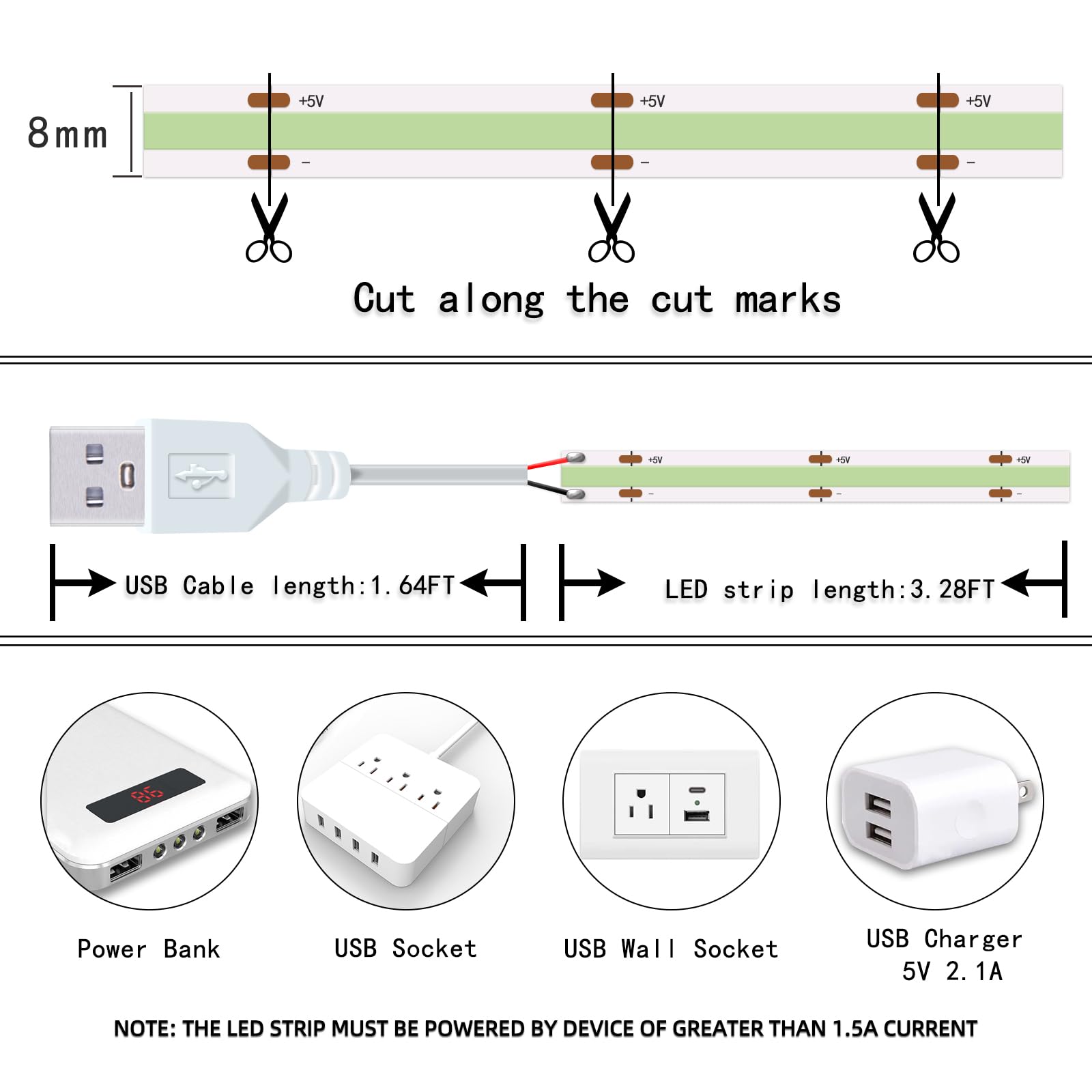 Luce di striscia del LED blu ghiaccio 5V USB LED COB 20000K 3.3ft/1M 320LEDs non dimmerabile ad alta luminosità Uso interno flessibile luci a nastro LED per luci posteriori fai da te led