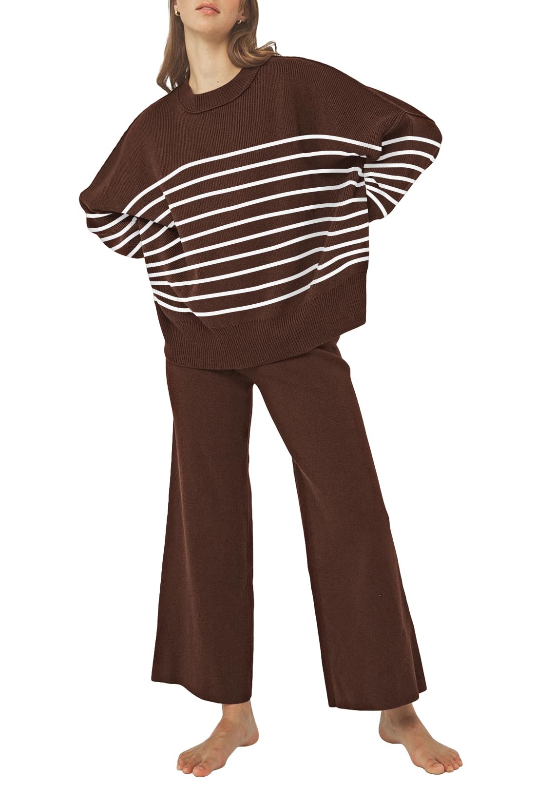 Pink Queen Women's 2 Piece Outfits Sweater Sets Knit Pullover Tops And Wide Leg Pants Loose Tracksuit Lounge Set