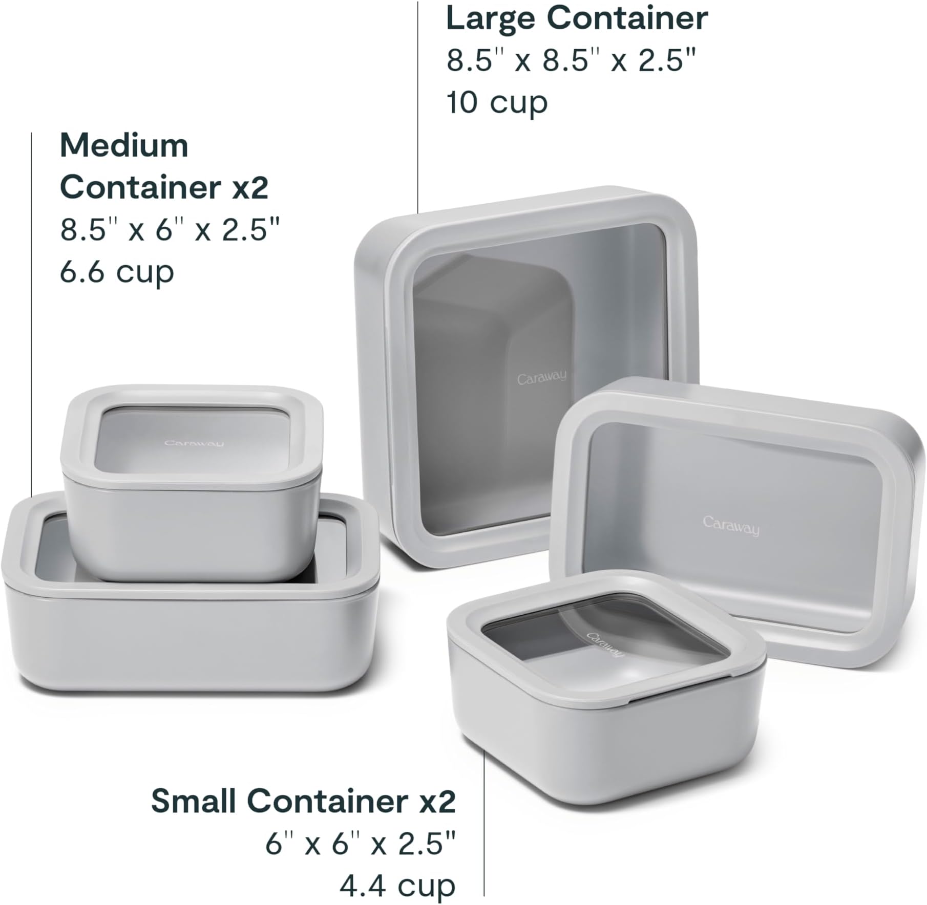 Caraway Glass Food Storage Set, 14 Pieces - Ceramic Coated Food Containers - Easy to Store, Non Toxic Lunch Box Containers with Glass Lids - Includes Storage Organizer & Dot & Dash Inserts - Gray