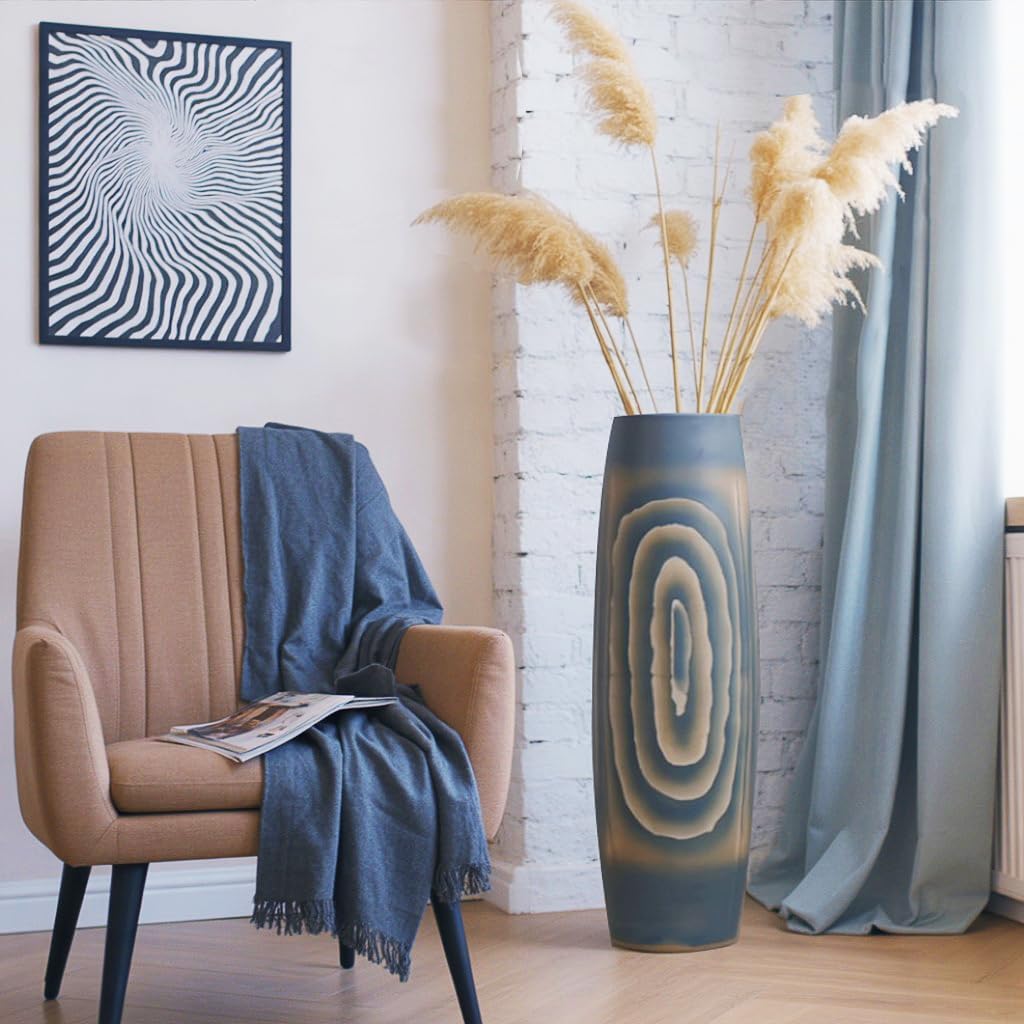 Tall Blue Floor Vase 31 inches, Designed Handmade Wood Grain Pattern Large Ceramic Vases for Home Decor Living Room, Decorative Wide Mouth Opening Corner Vase for Pampas Grass Hallway