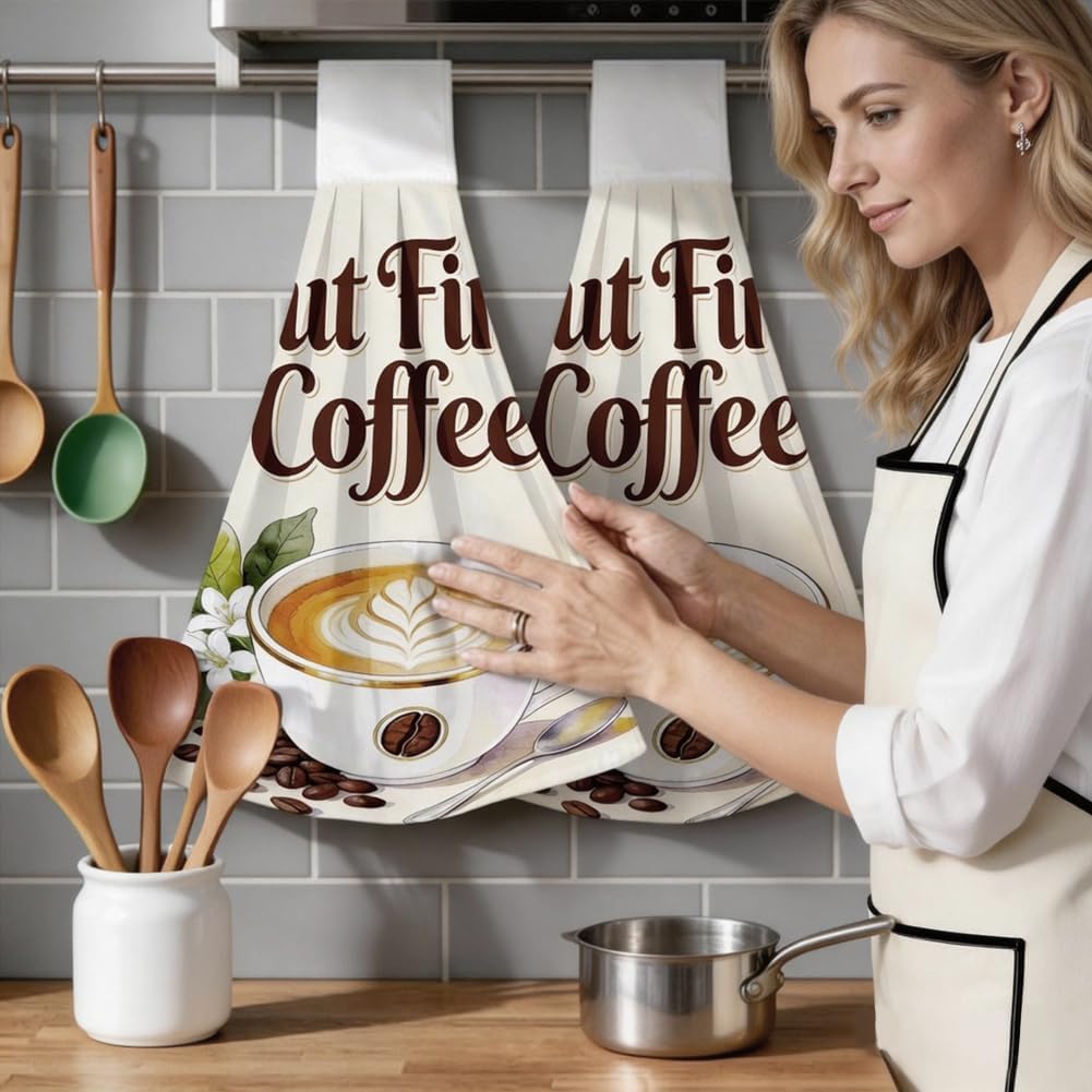 Coffee Kitchen Hanging Towels with Loop Set of 2 Soft Absorbent Microfiber Dish Cloth Decorative But First Coffee Hand Towels for Kitchen Bathroom Farmhouse Home Hotel Tea Bar Oven Handle image 3