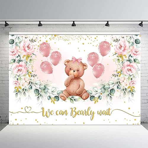 MEHOFOND Telón de fondo de fiesta de oso para baby shower para niña, fondo de fotografía floral rosa rubor, puntos con purpurina dorada, hojas de