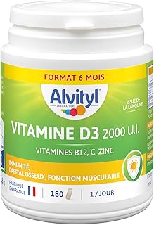 Visuel du produit : Alvityl Vitamine D3 2000 UI - Cure de 6 mois - Vitamines D3, C, ZINC - 1 comprimé par jour - Dès 18 ans