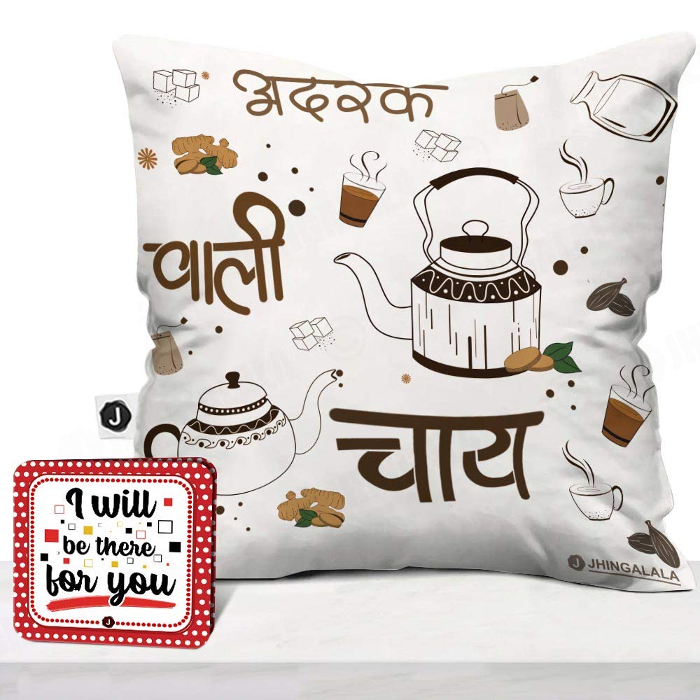 Jhingalala Gift for Tea Lover | Adrak Wali Chai Printed Cushion Cover with Filler and Greeting Card | Gift for Friends, Tea Lover, Birthday, Best Friends-image-44