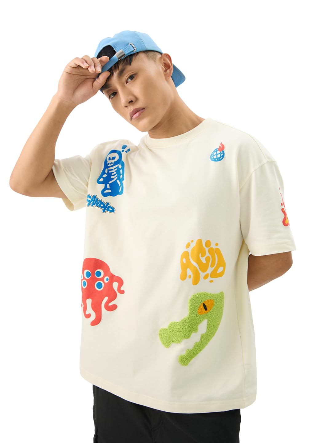 the souled store Acid Drip Men and Boys Short Sleeve Round Neck Off White Puff Printed Cotton Oversized T-Shirts-picture-44