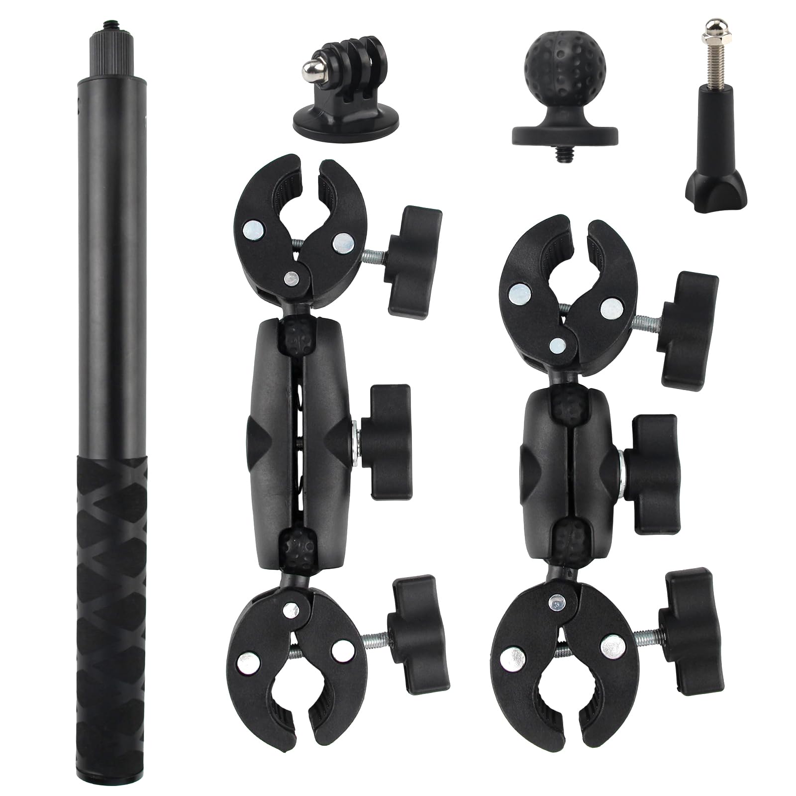 Soporte de Cámara Accesorio para Insta360 x5x4X3X2 Kit de Moto para Rotación de 360 Grados Doble Abrazadera Doble Estabilidad Soporte de Moto（120 cm con Palo Selfie）