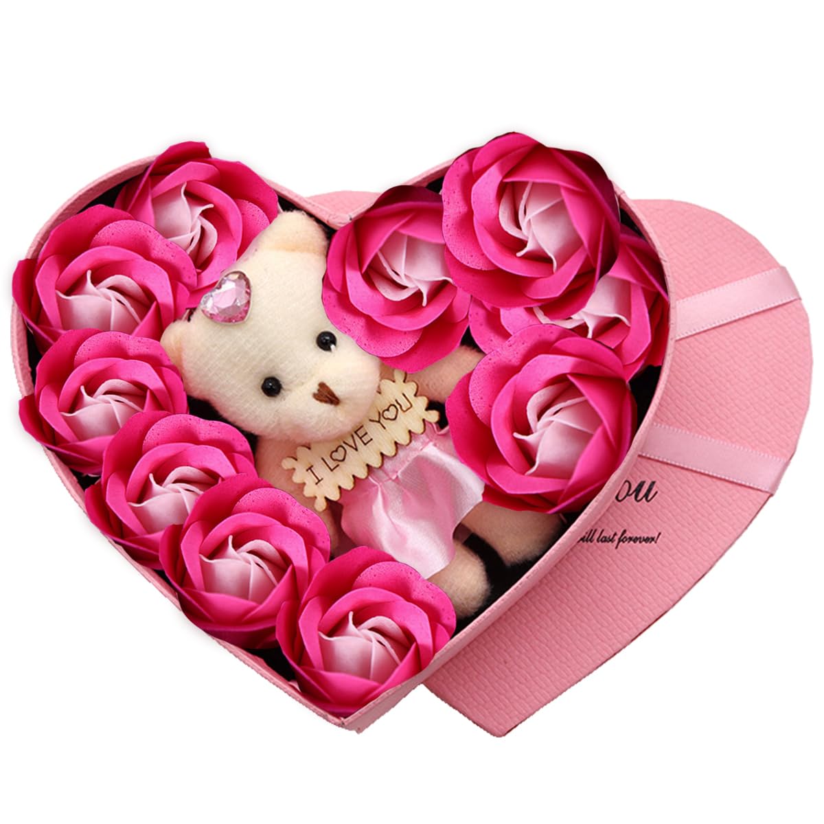 ENILSASoap Flower Rose Gift Box 10 Pieces Pink Soap Flower with Plush Bear Romantic Heart Shaped Rose Gift Box Give to Mom Wife Girlfriend and Sister Creative Gifts Wedding Decorations